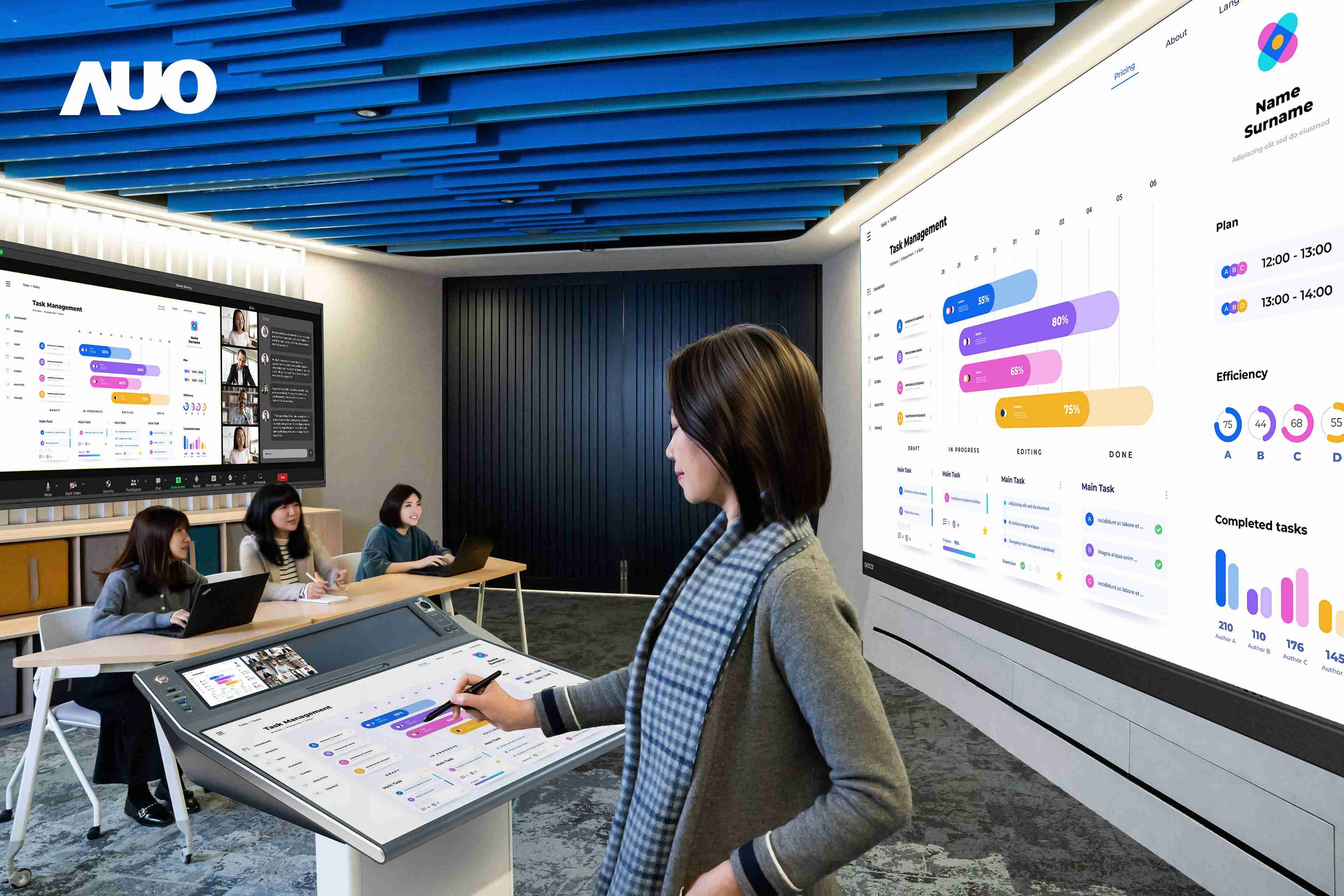 达擎携手Avocor与Rise Vision展示全方位商务领域应用，，，包含采用模块化设计的138吋一体式All-in-One LED显示器及具21:9超宽比例的92吋交互式电子白板（IFPD），，，讲者可轻松分享内容，，有效提升会议协作效率。。